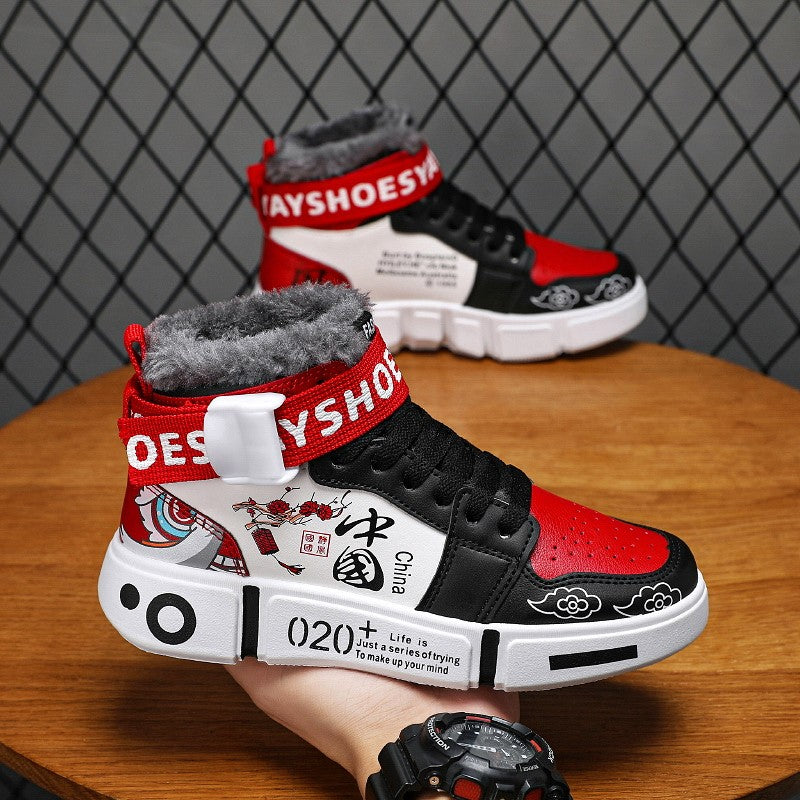 Mens Board Shoes 2025 Winter New High Top Winter Warm Casual Sports Shoes Flat Cotton Comfortable Outdoor Walking Shoes for Men