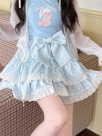 Zoki Kawaii Bow Cake Skirt Women High Waist Cute Dot Sweet Mini Skirts Fashion Casual Japan Female Solid Summer A Line Skirt New