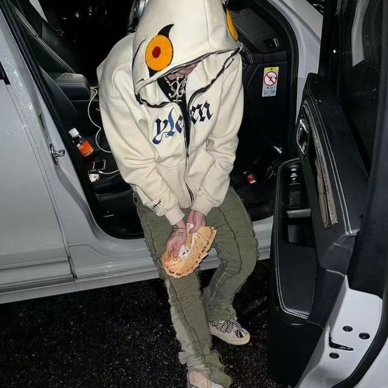 American fashion funny full zipper monster headgear men hoodie Y2K gothic Harajuku high street clothing casual loose sportswear