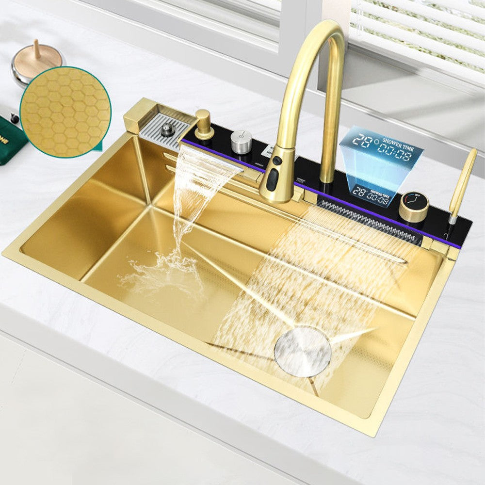 Multifunctional Kitchen Waterfall Sink Digital Display Large Single Gray Sink Dish Basin Sink 304 Stainless Steel