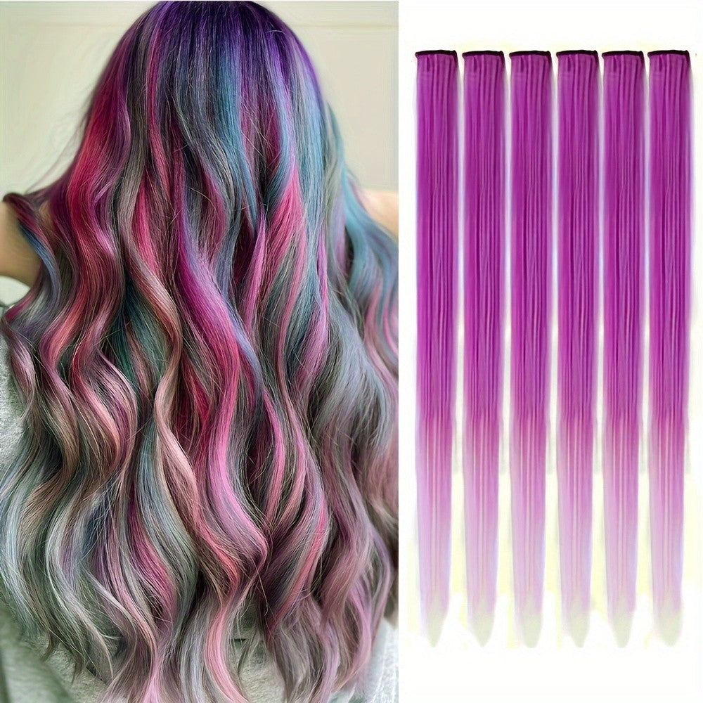 Clip in Hair Extensions 6pcs/pack Colored Party Highlights 22 inches Multi-colors Straight Hair Synthetic Hairpieces Purple Pink