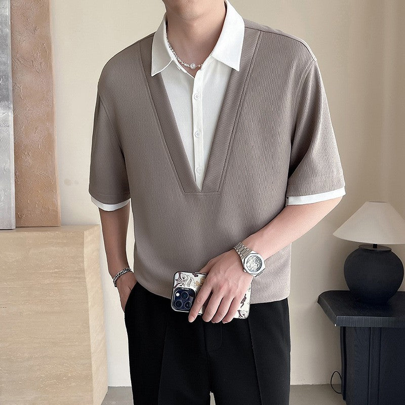 2025 summer new men's fake two-piece shirt, men's clothing, trendy brand, casual, high-end short-sleeved polo shirt
