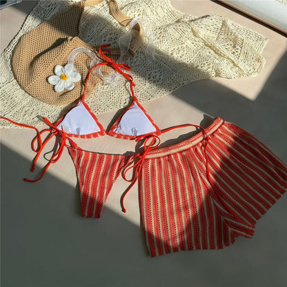 Orange Striped Swimwear Halter String Triangle Bikinis Sets 3 Pieces Bottoms Shorts Mini Micro Thong Sexy Swimsuit Woman 2025