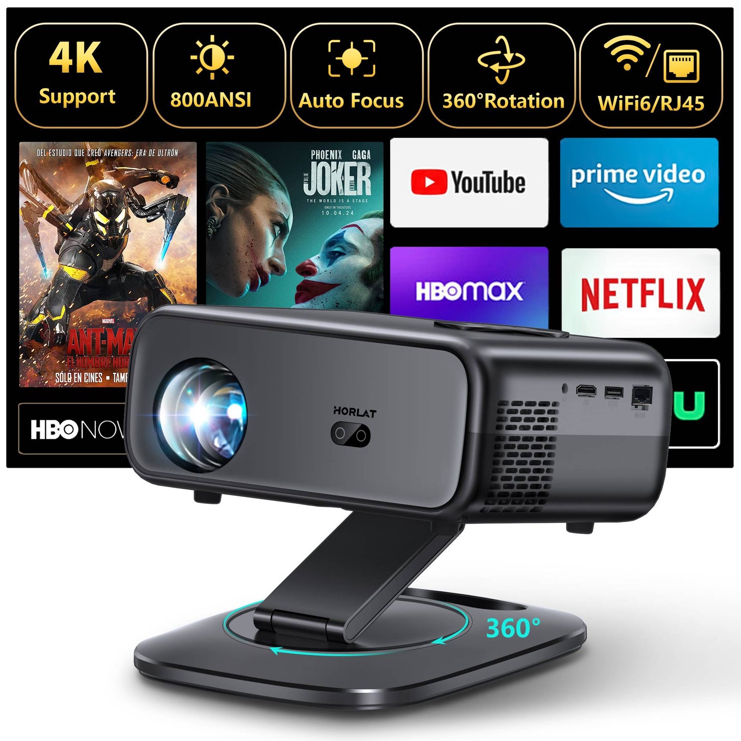 HORLAT M4 Projetor Portátil 25000 Lumens Android12 Mini Projetor 4K 64G Foco Automático Keystone Full HD 1080P 3D Home Theater WiFi6