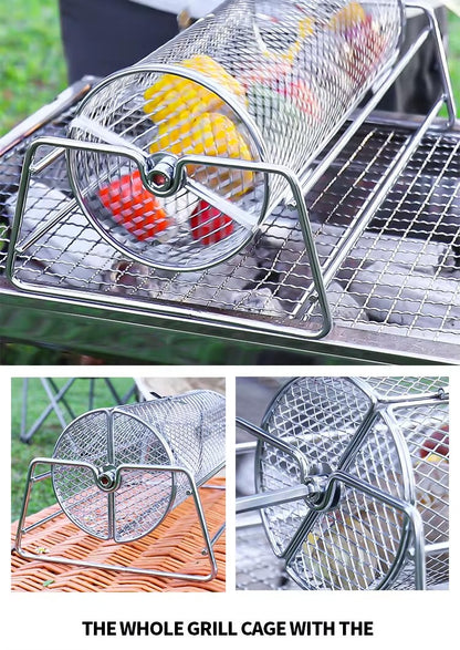 Stainless Steel Rolling BBQ Grill Mesh Basket Grill Rotisserie Basket roll Barbecue cage Roaster