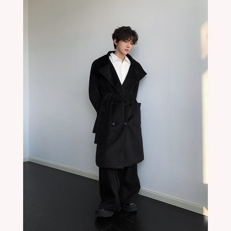 Men's Double-Breasted Wool Blend Overcoat with Belt Loose Fit Solid Color Stand Collar Mid-Length Trench Coat for Autumn Winter