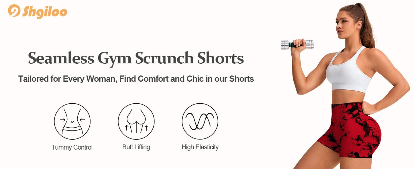 2pcs Women's High-Waist Tie-Dye Yoga Shorts - Seamless, Booty Lifting, Stretchy Nylon & Spandex Blend, Red & Grey