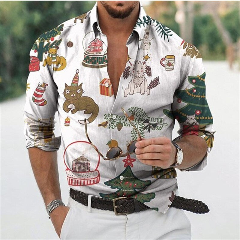 Fun Christmas Snowman Theme 3D Printed Men's Shirts Casual Long Sleeve Streetwear Tops Unisex Holiday Party Hawaiian Shirts