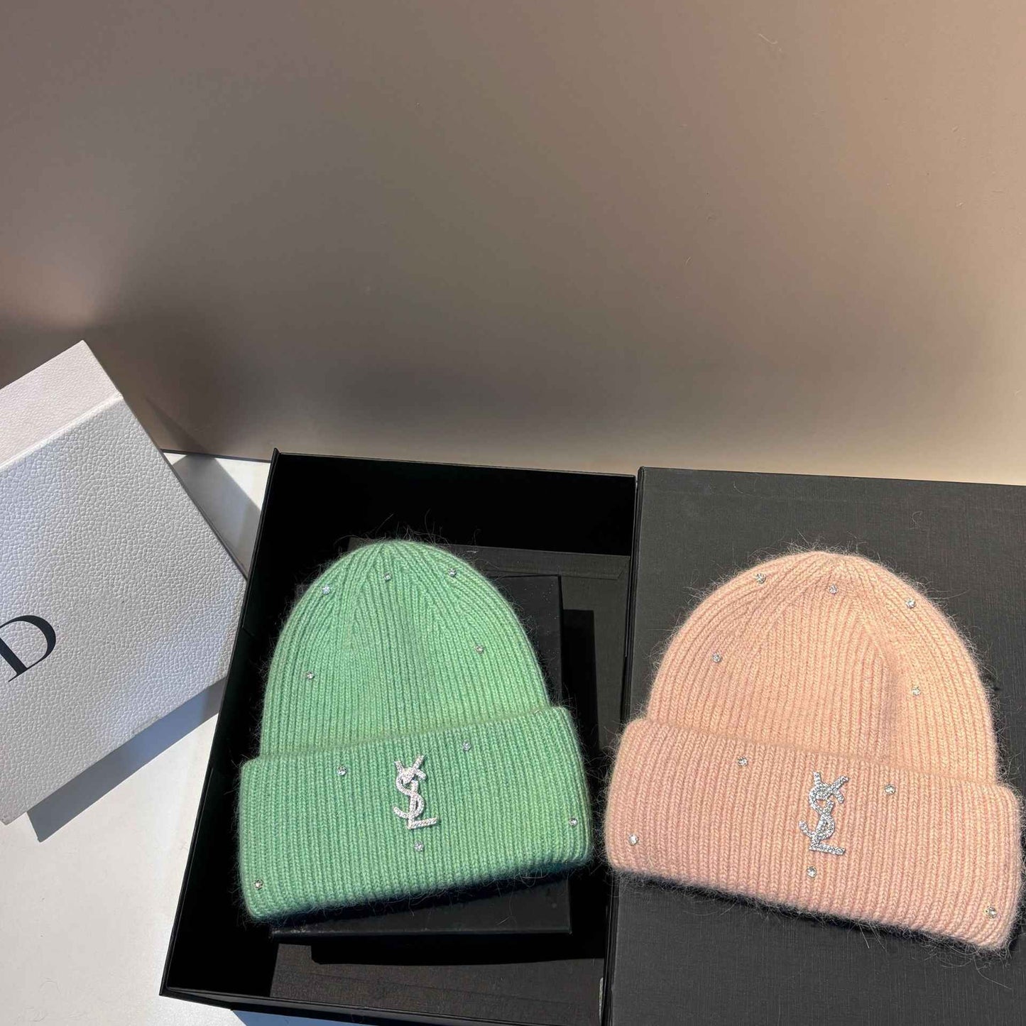 Rhinestone Decor Rabbit Fur Knitted Hat Warm Ear Flap Beanie for Women Luxury Soft Slouchy Cap Face Slimming Design