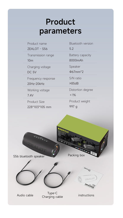ZEALOT-S56 Bluetooth Speaker 40W Output Power Bluetooth Speaker with Excellent Bass Performace IPX6 Waterproof Camping Outdoor
