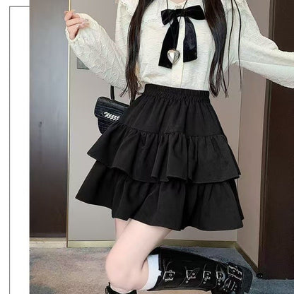Korean Chic Y2K Sweet Girl's White Princess Mini Skirt Ballet-style Tiered Skirt Elastic High Waist Cake Skirt Shorts All-match