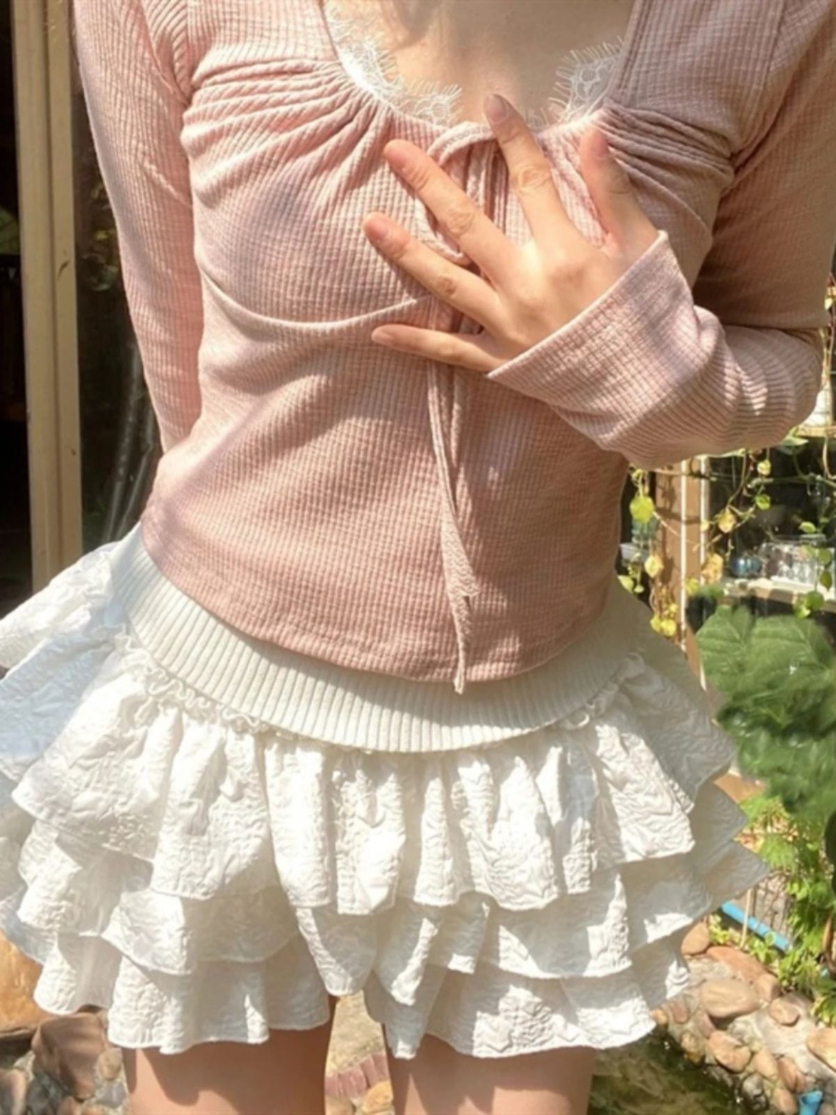 Kawaii Ball Gown Short Skirt Pleated Ruffles Layered High Waist Solid Mini Cake Skirts Lolita Girl Sweet Cute Elastic Waist  Y2K