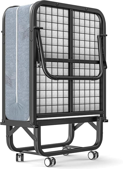 75 x 31 Folding Bed with Mattress, Portable Guest Beds with 5 Memory Foam Mattress, Foldable Sturdy Metal Frame Single Bed