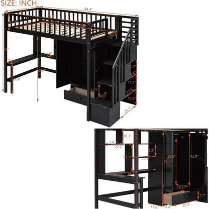 Designs Twin Loft Bed with Stairs, Wardrobe, Desk, Bookshelf and Drawers, Solid Wood Loft Bed Frame with Storage - Espresso