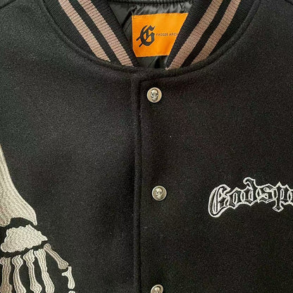 Real Photo GOD SPEED Baseball Jacket American Vintage Patchwork Leather Sleeves Unisex Embroidery Skeleton Jacket Coats