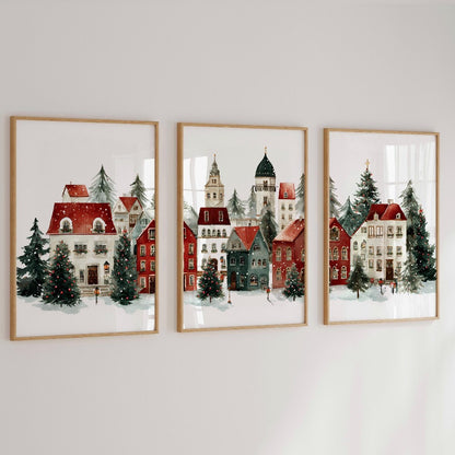 Christmas Village Prints Set of 3 Snowy Winter Town Paintings Christmas Poster Print for Living Room  Xmas Santa Decoration