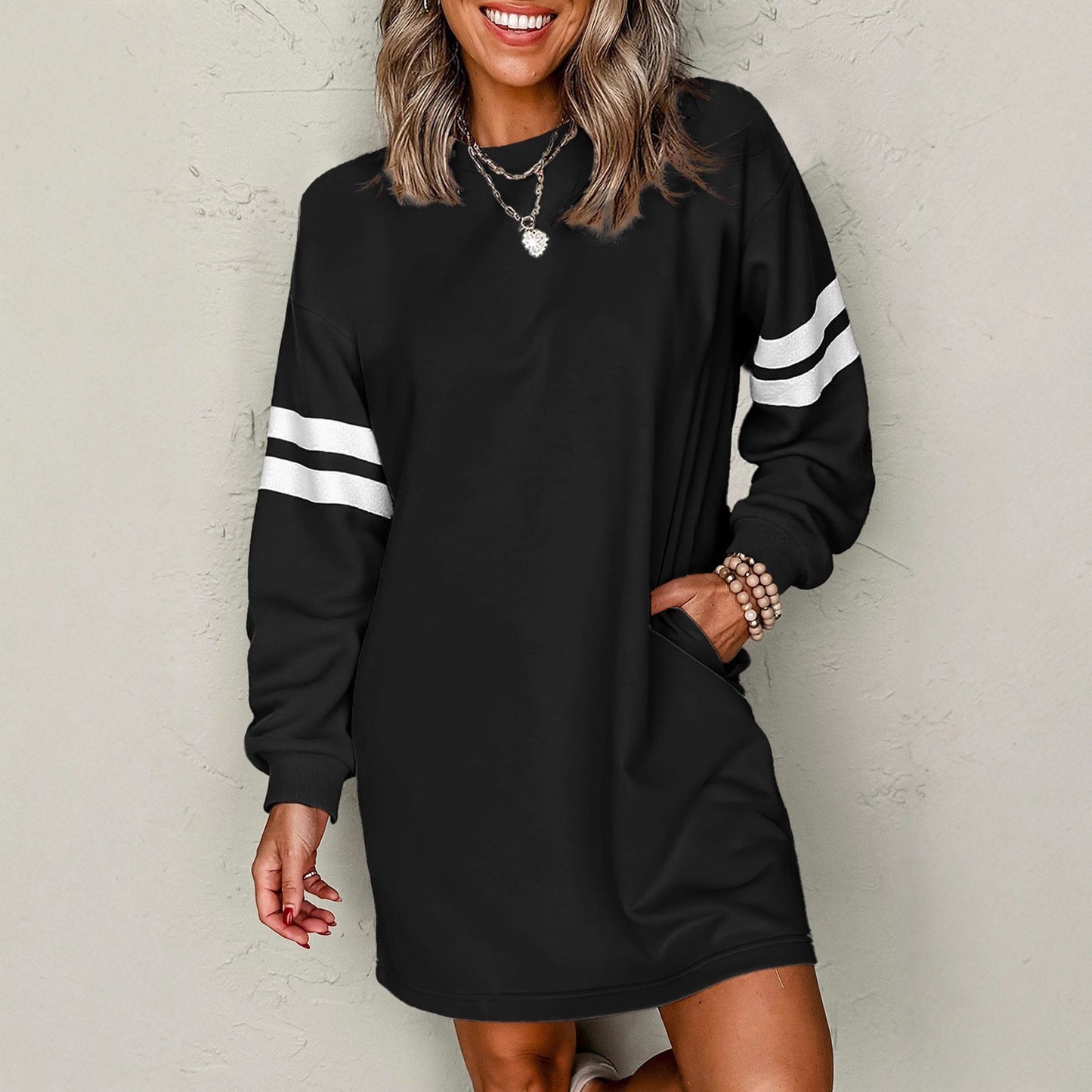 Autumn Winter New Striped Drop Shoulder Sweatshirt Mini Dresses Women Casual Loose O Neck Long-sleeved Pocket Dress Female 2025