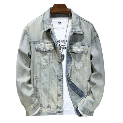 Men's casual denim jacket for spring and fall, metallic single-breasted denim jacket size M-5XL