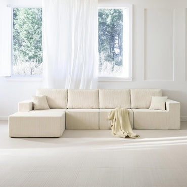 139.3" Luxury L-Shaped Modular Sofa – Corduroy Boneless Cloud Couch with Deep Seat, Movable Ottoman for Living Room