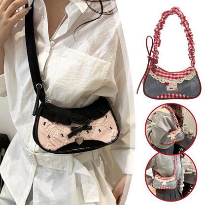 New Cute Checkered Handbags Sweet Lace Underarm Bag Bowknot Armpit Shoulder Crossbody Bag Y2k Fashion Casual Shoulder Bag