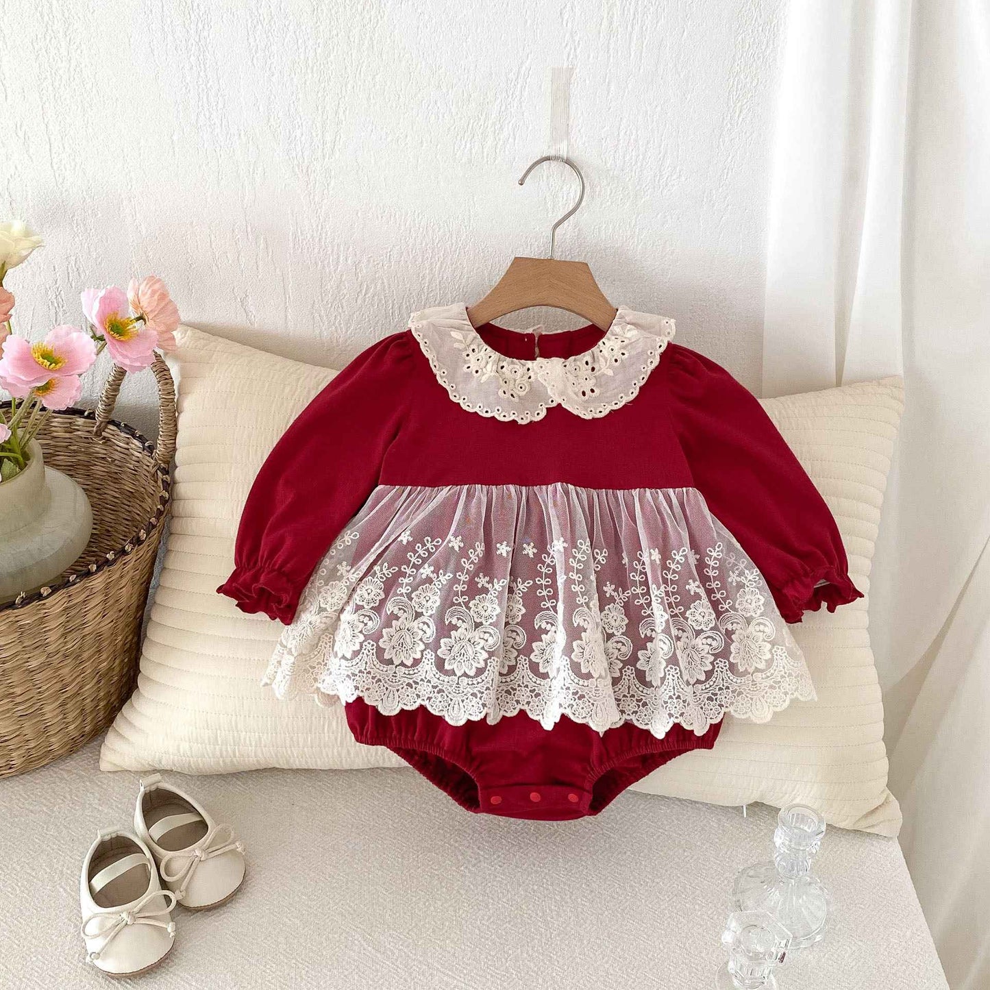 Newborn Christmas Red Clothes Autumn Kids Baby Girls Sweet Petal Collar Princess Rompers Infant New Baby Girls Rompers Clothes