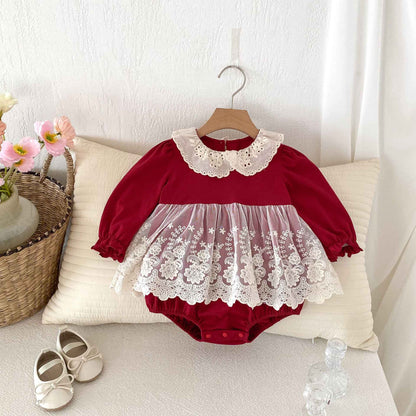 Newborn Christmas Red Clothes Autumn Kids Baby Girls Sweet Petal Collar Princess Rompers Infant New Baby Girls Rompers Clothes