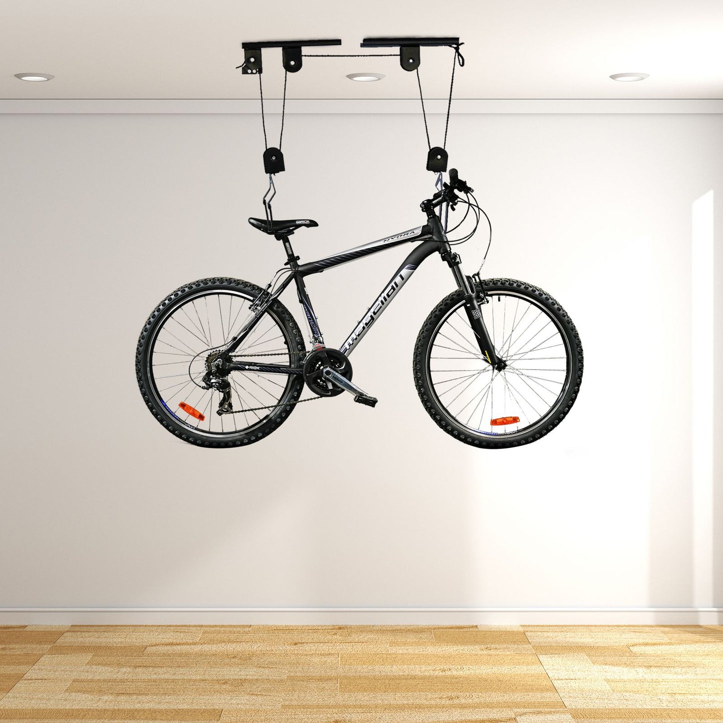 Elevador de bicicleta para teto de garagem, sistema de polias, conjunto de suportes para armazenamento de bicicletas em garagem