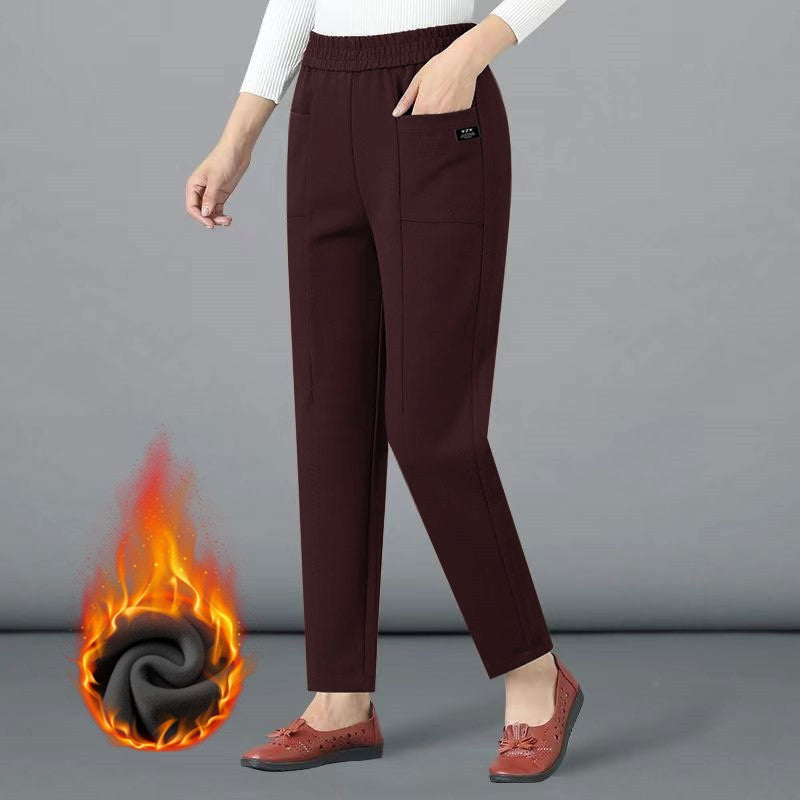 High Waist Straight Leg Pants Women's Fleece Lined Elastic Casual Mom Pants Spring Autumn Winter Polyester Fiber Harlan Pants
