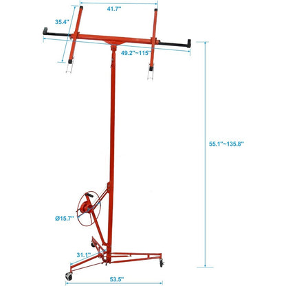 YC113 Drywall Lift Panel Hoist, 11 Ft (Max Height) Sheetrock Jack Lifter for Ceiling, Rolling Caster Wheels, 11', Red