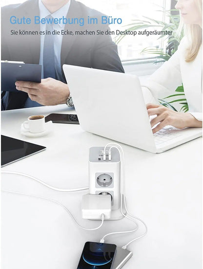 TESSAN Tower Power Strip Multi Outlets with USB A +1 Type C 2M Extension Cable EU Plug Vertical Electric Socket Surge Protection