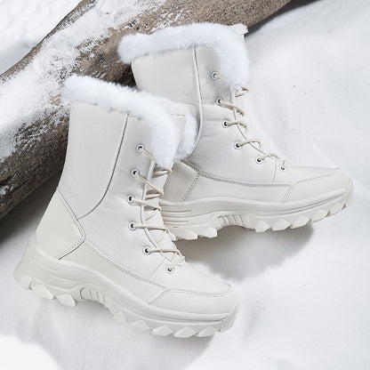 2025 Women's Snow Boots Beige Lace-up Waterproof Antiskid Female New Ankle Boots Walking Shoes plush Winter Warm Mid-Calf Boots