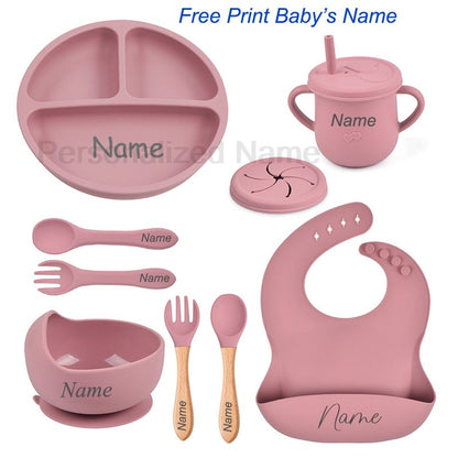 8Pcs Silicone Tableware Set Personalized Name Logo Baby Feeding Set Spoon Fork Suction Cup Bowl Silicone Dinner Plate For Kids