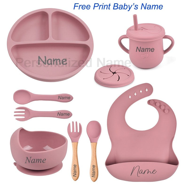 8Pcs Silicone Tableware Set Personalized Name Logo Baby Feeding Set Spoon Fork Suction Cup Bowl Silicone Dinner Plate For Kids
