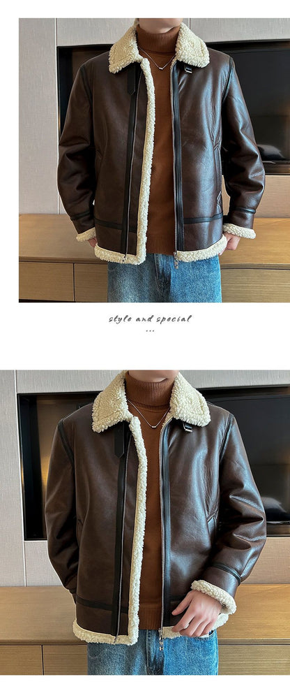 Autumn and winter warm thick leather jacket for men's trendy slim fit lapel motorcycle suit men's leather jacket
