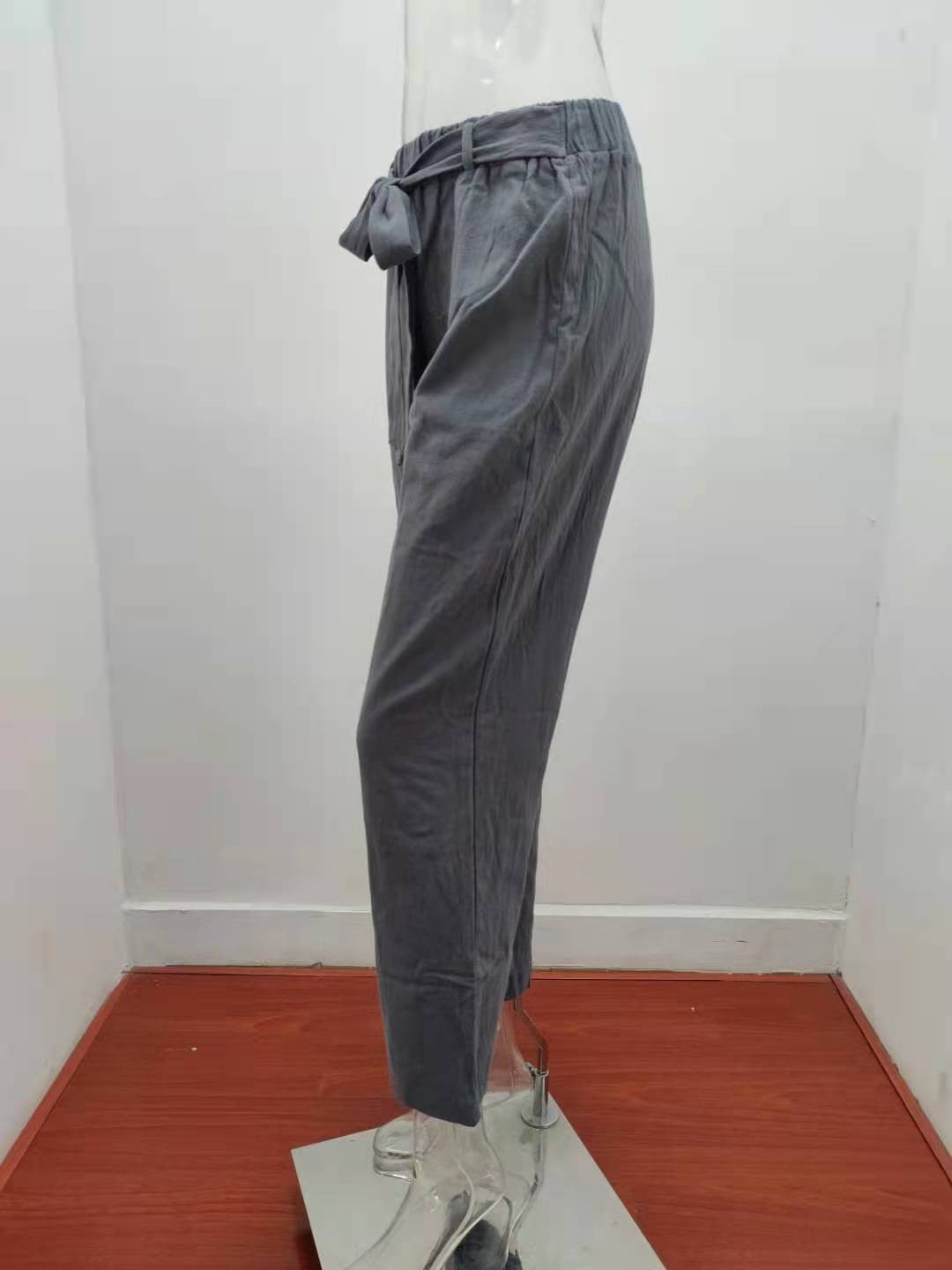 2025 Autumn Women's Summer Elastic Waist Pure Cotton Hemp Strap Loose Pants