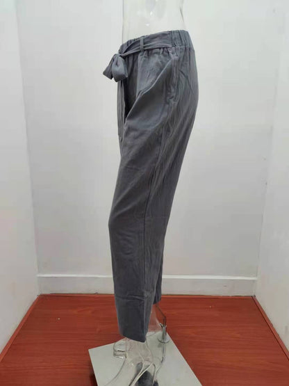 2025 Autumn Women's Summer Elastic Waist Pure Cotton Hemp Strap Loose Pants