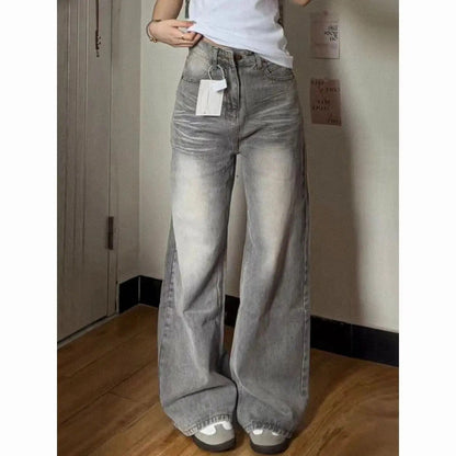 Vintage Wide-Leg Jeans Grey American Style Straight-Leg Casual Pants For Women Loose Fit Draped Spring Autumn 2024 New Arrival