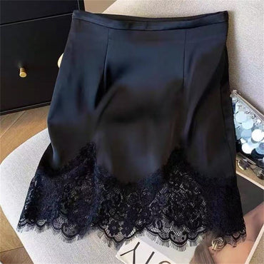 Ladies Fashion Lace Spliced A-line Mini Skirt Summer Thin High Waist Solid Color Skirt Women Clothes Simple Black Short Skirts