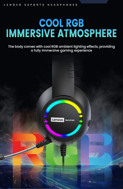 Fone de ouvido gamer com fio Lenovo E08 com microfone, luz RGB para computador e laptop, efeitos de som surround virtual 7.1, headset para E-sports