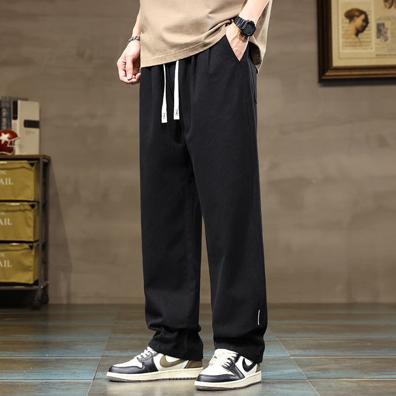 100% Cotton Men's Loose Wide Leg Pants Elastic Waist Fashion ArmyGreen Khaki Korean Streetwear Autumn Straight Trousers