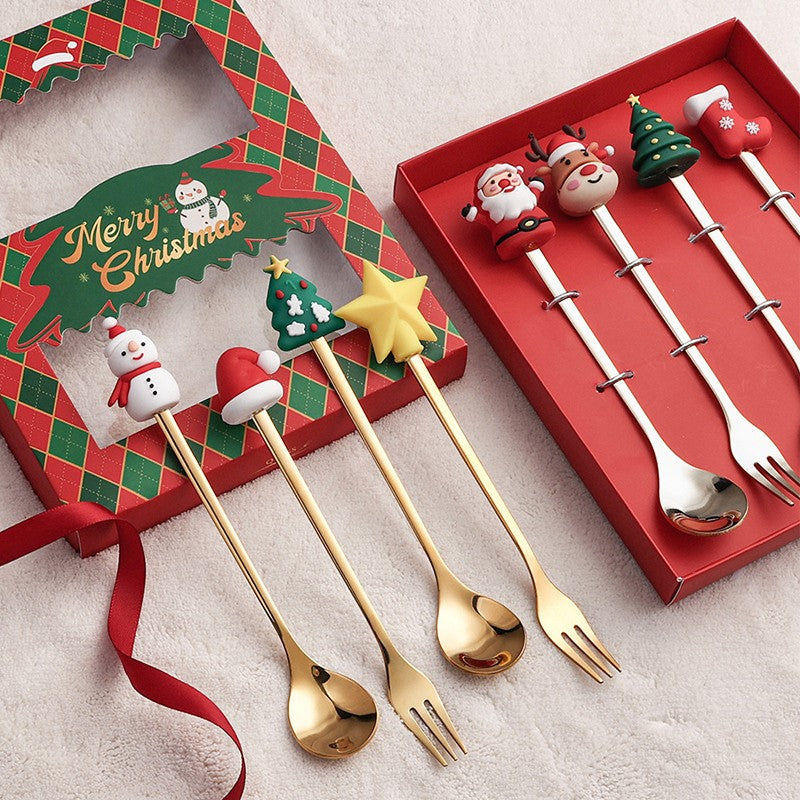 1 Set Christmas Fork And Spoon Tableware Gift Box , Stainless Steel Tableware, Coffee, Tea And Dessert Fork And Spoon