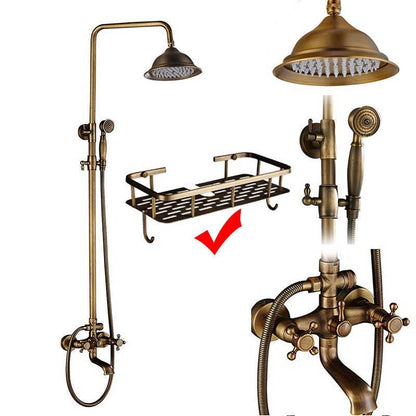 rozin Antique Brass Shower Faucet Set Bathroom Shower Column with Shelf Rainfall Hot Cold Water Mixer Tap Handhold Shower Faucet