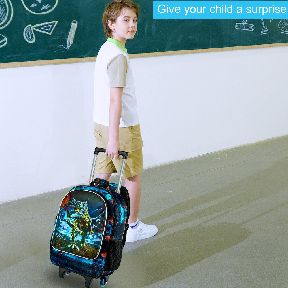 Mochila de rodinha 3 peças para meninos, mochila escolar de dinossauro com rodinhas, conjunto de malas escolares para crianças pequenas