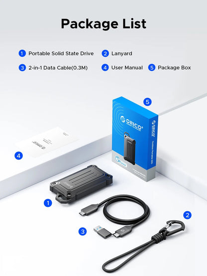ORICO Portable SSD Up to 2000 MB/s USB 3.2 Gen 2 x 2 External Solid State Drive Water and Dust Resistance for Outdoors Zinc Allo