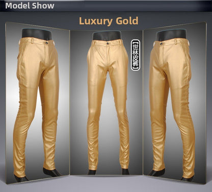 Men's Slim Fit Leather Pants Motorcycle Trendy Sle Long Trousers Thiened PU Fabric Summer Season Faionable Biker Pants