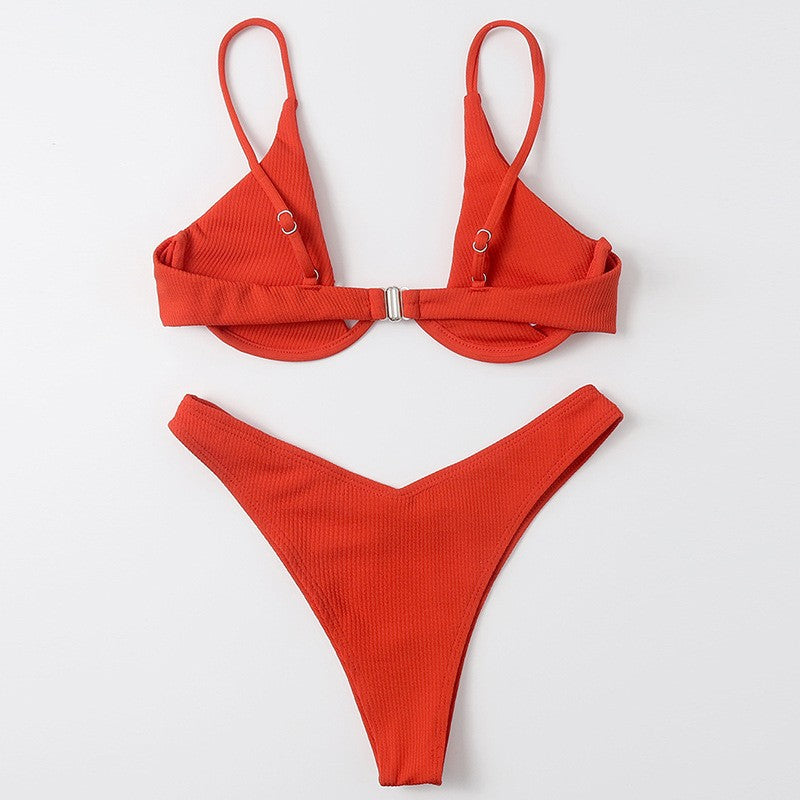 Sexy Underwire Bikini 2025 Mujer Women Solid Red Push Up Bra Thong Swimsuit Haler V Neck Bathing Suit Mini Micro Thong Swimwear