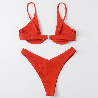 Sexy Underwire Bikini 2025 Mujer Women Solid Red Push Up Bra Thong Swimsuit Haler V Neck Bathing Suit Mini Micro Thong Swimwear