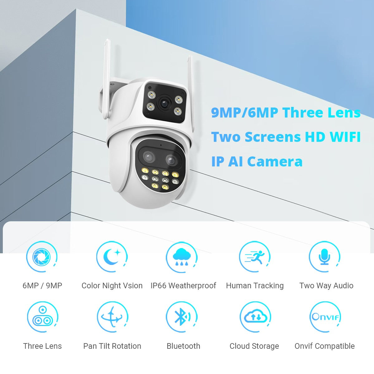 9MP WIFI IP Camera Three Lens Dual Screen With 8X Zoom 6MP PTZ Camera Ai Auto Tracking Security Video Surveillance Camera iCSee