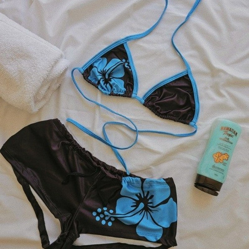 Y2k subculture retro millennium girls style hanging neck suspender bikini set summer beach kawaii classic comfortable bikini set