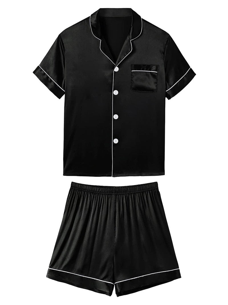 Men's Luxury Satin Pajama Set Short Sleeve Lapel Front Buttons Top And Elastic Shorts Comfortable Fit Loungewear Sleepwear Pjs